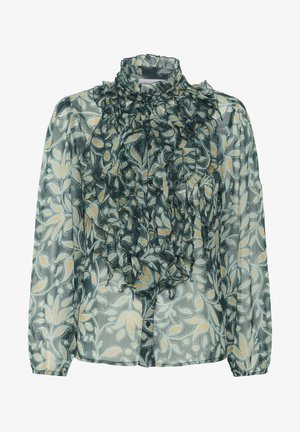 Permatomas ilgomis rankovėmis palaidinė su žaliu ir smėlio spalvos gėlių raštu, aukštu raukšlėtu apykakle ir sluoksniuoto raukinio detalėmis priekyje.