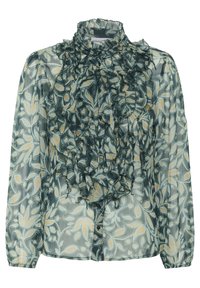 Blusa transparente de manga larga con estampado floral en verde y beige, cuello alto con volantes y detalles de volantes superpuestos en la parte delantera.