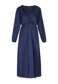 Vestido cruzado de satén azul marino con mangas largas, escote en v, cintura elástica y abertura lateral. Textura suave y diseño fluido que realzan la silueta.