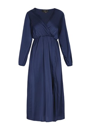 Vestido cruzado de satén azul marino con mangas largas, escote en v, cintura elástica y abertura lateral. Textura suave y diseño fluido que realzan la silueta.