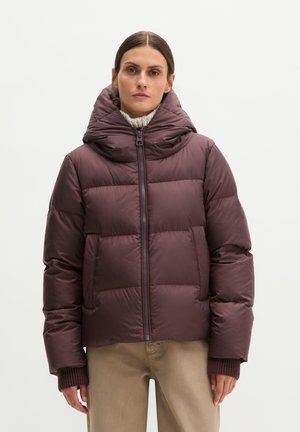 Frau trägt eine dunkelviolette gesteppte Jacke mit großem Kragen, beige Hose und einen beigefarbenen Strickpullover darunter vor einfachem hellem Hintergrund.