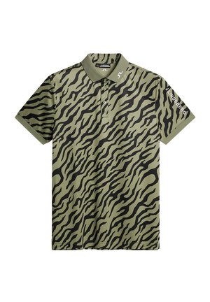 Olive green polo shirt featuring a black tiger stripe pattern, short sleeves, a three-button placket, and logo detail on the sleeve.