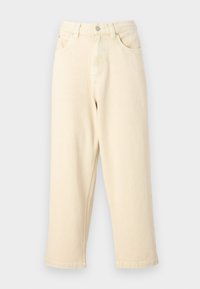 Bežīgas augsta jostasvietas taisnas kāju džinsas ar piecām kabatām, pogas aizdari un mīkstu, teksturētu audumu. Malu apdare ir vienkārša un sakopta.