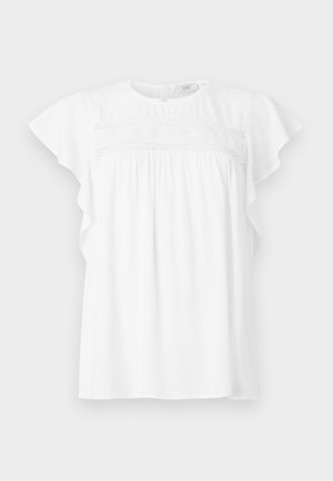 Weißes kurzärmliges Oberteil mit rundem Ausschnitt, ausgestattet mit strukturierten Punkten, Rüschensäumen und gerafftem Detail über der Brust.