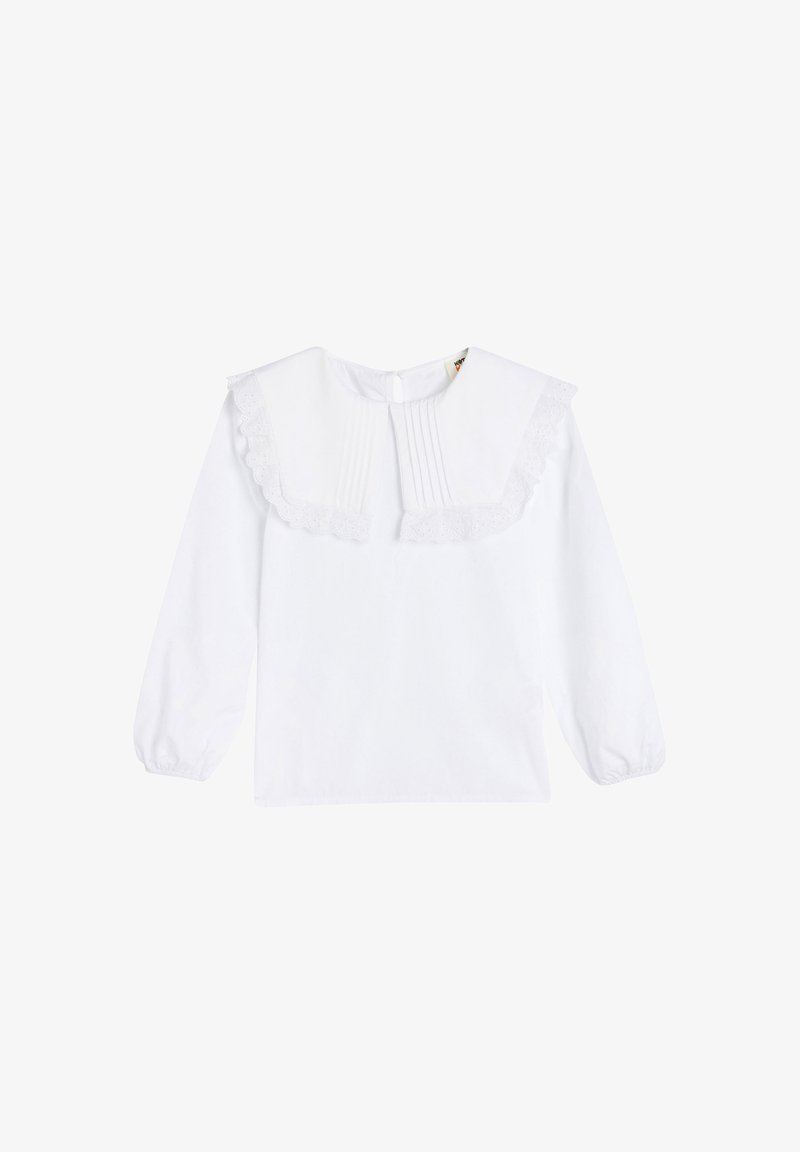White long-sleeve shirt with a large ruffled collar, pleated detailing at the front, and button closure at the back. Soft fabric texture.