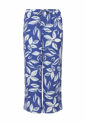 Blue wide-leg pants with white leafy pattern and drawstring waist, casual relaxed fit.