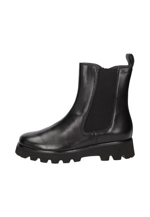 Bottines en cuir noir avec panneaux élastiques sur les côtés, bout rond et semelle en caoutchouc épaisse avec un motif cranté.
