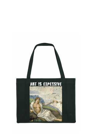 Borsa a spalla nera con una stampa artistica crepata che raffigura una figura sdraiata e il testo "L'ARTE È COSTOSA" in lettere bianche in grassetto.
