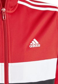 Czerwona kurtka z zamkiem błyskawicznym z białymi paskami na klatce piersiowej i czarnymi akcentami. Posiada haftowane białe logo po lewej stronie u góry. Miękka tekstura.