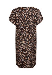 Robe imprimée léopard avec un fond noir, dotée de manches courtes, d'une coupe ample et d'une longueur au genou. Tissu lisse avec une texture douce.