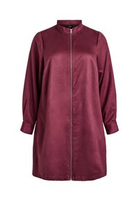 Pikad varrukad veinipunane kleit, millel on esi tõmblukk ja püsti kaelus, lahtine lõike ja mansetiga varrukad.