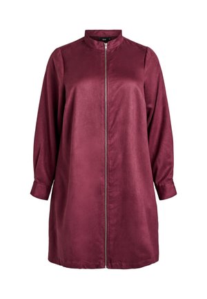 Garšīgi piedurkņu vīna sarkans kleitas ar priekšējo rāvējslēdzi un stāvošu apkakli, brīvs piegriezums un piedurknes ar aprocēm.