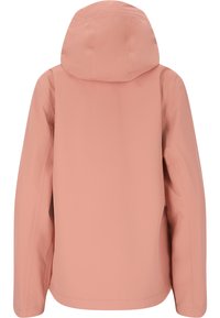 Vandafvisende pink jakke med hætte, der har lange ærmer, en glat tekstur og ingen synlig hardware eller mønstre. Bagvisningen vises.