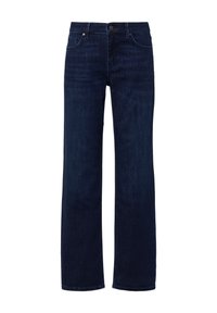 Dunkelblaue, gerade geschnittene Jeans aus Denim. Mit Knopfverschluss und fünf Taschen, die sichtbare Nähte aufweisen. Keine auffälligen Muster oder Beschädigungen.