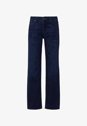 Dunkelblaue, gerade geschnittene Jeans aus Denim. Mit Knopfverschluss und fünf Taschen, die sichtbare Nähte aufweisen. Keine auffälligen Muster oder Beschädigungen.