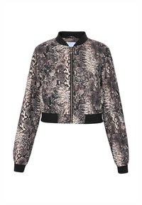 Afklippet bomberjakke i slangeskindsdesign med beige og sorte farver, med frontlynlås samt sorte ribbede manchetter og krave.