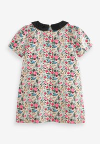 Robe à manches courtes florale avec un fond beige clair, ornée de motifs colorés en rose, bleu et vert. Col noir et fermeture à boutons au dos.