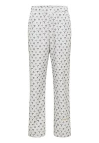 Un pantalon de pyjama gris clair avec un motif de symboles en gris plus fonc�é sur l'ensemble. Il est doté d'une taille élastique et d'une coupe droite.