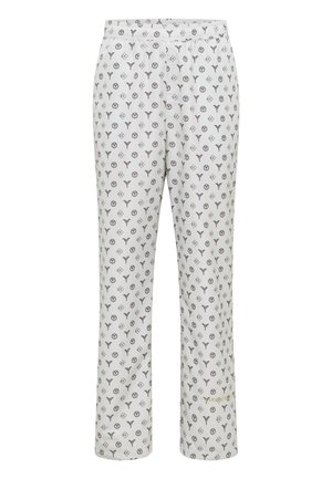 Lys grå pyjamabukser med et mønster af symboler i mørkere grå. Har en elastisk talje og lige ben design.