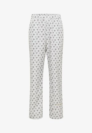 Lys grå pyjamabukser med et mønster af symboler i mørkere grå. Har en elastisk talje og lige ben design.