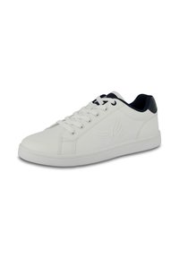 White synthetic sneakers with a smooth surface, rounded toe, contrasting navy heel, and simple lace-up design. Features embossed logo detailing.
