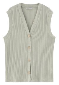 Chaleco sin mangas de punto acanalado en gris claro con escote en V y cuatro botones beige en la parte delantera.