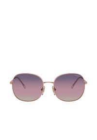 Occhiali da sole rotondi con lenti viola sfumate, sottile montatura in metallo color oro rosa e naselli trasparenti. Design minimalista senza ulteriori decorazioni.