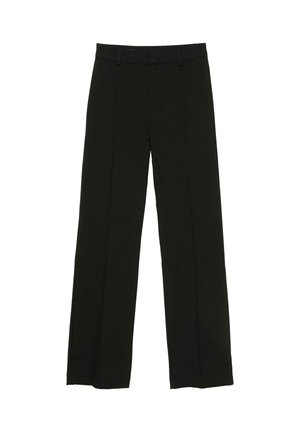 Pantaloni neri a gamba larga realizzati in un tessuto morbido, con una vita aderente e sottili pieghe frontali per un tocco di consistenza.