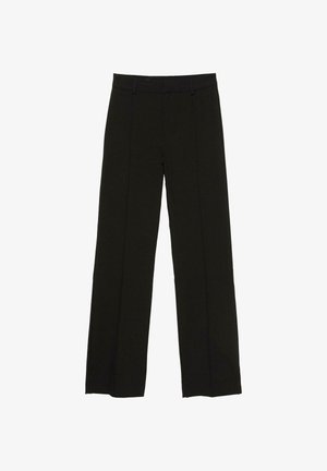 Black wide-leg trousers made from a smooth fabric, featuring a fitted waistband and subtle front pleats for added texture.