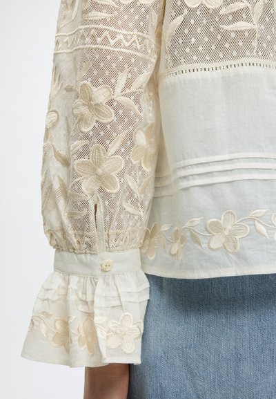 Manche d'un chemisier crème transparent avec broderie en dentelle florale, poignet boutonné, bordure à volants, associée à un jean en denim bleu.