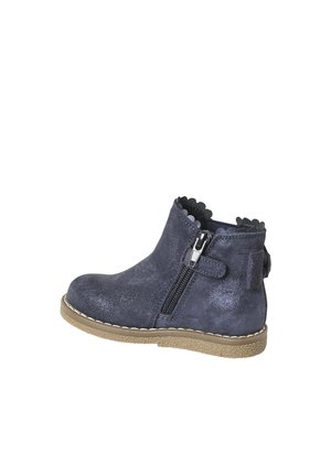 Child's dark blue suede ankle boot with side zipper, scalloped edge trim, beige sole, and small back bow detail.