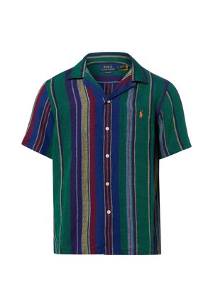 Korte mouwen blouse met verticale strepen in groen, blauw, paars, rood en beige, met een klein oranje geborduurd logo op de borst.