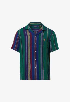 Korte mouwen blouse met verticale strepen in groen, blauw, paars, rood en beige, met een klein oranje geborduurd logo op de borst.