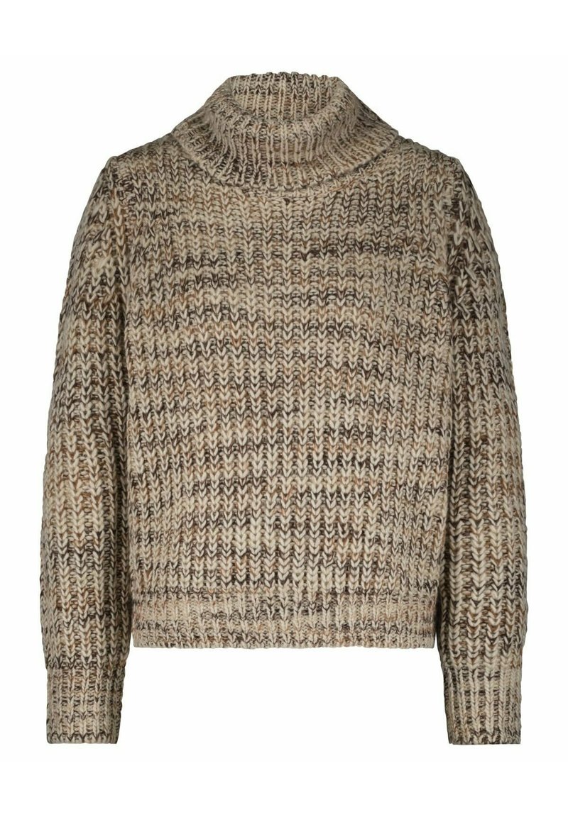 Chunky knit turtleneck sweater in mixed beige, brown, and cream yarn with long sleeves and ribbed cuffs and hem.