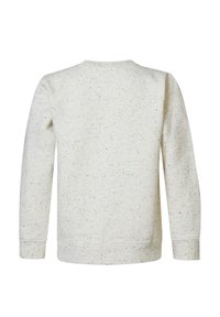 Grau-weißer, gesprenkelter Sweatshirt, mit langen Ärmeln und rundem Halsausschnitt. Weicher Stoff und gerippte Bündchen ohne sichtbare Grafiken.