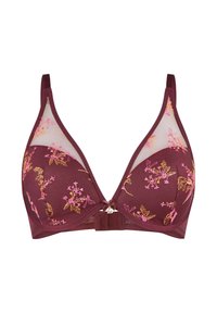 Bordeaux beha met gaasachtige panelen, bloemenborduursel in roze en goud, driehoekige cups, verstelbare schouderbanden en een decoratief detail in het midden.