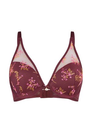 Bordeaux beha met gaasachtige panelen, bloemenborduursel in roze en goud, driehoekige cups, verstelbare schouderbanden en een decoratief detail in het midden.
