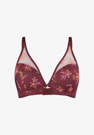 Bordeaux beha met gaasachtige panelen, bloemenborduursel in roze en goud, driehoekige cups, verstelbare schouderbanden en een decoratief detail in het midden.