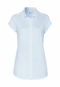 Light blue short-sleeve blouse with a button-up front, collar, soft texture, and rounded hem. Made from breathable fabric.