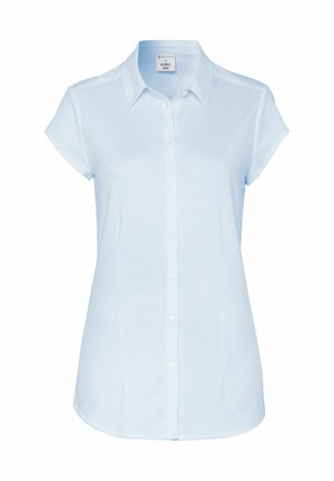 Hellblaues kurzärmeliges Blusenshirt mit Knopfverschluss, Kragen, weichem Gefühl und abgerundetem Saum. Hergestellt aus atmungsaktivem Stoff.