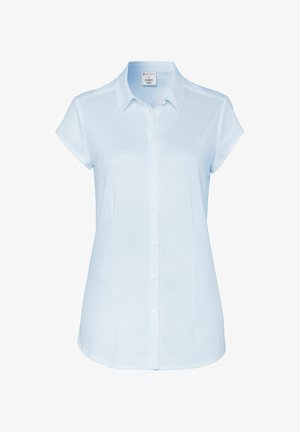 Light blue short-sleeve blouse with a button-up front, collar, soft texture, and rounded hem. Made from breathable fabric.