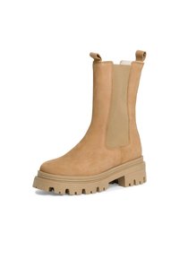 Bottes de cheville en cuir tan avec des panneaux latéraux élastiques, une finition texturée et des semelles en caoutchouc épaisses pour une meilleure adhérence et durabilité.