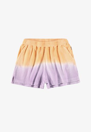 Fleecinės šortai su gradientiniu spalvų dizainu, pereinančiu nuo oranžinės viršuje iki levandų apačioje, su elastinga juosia.