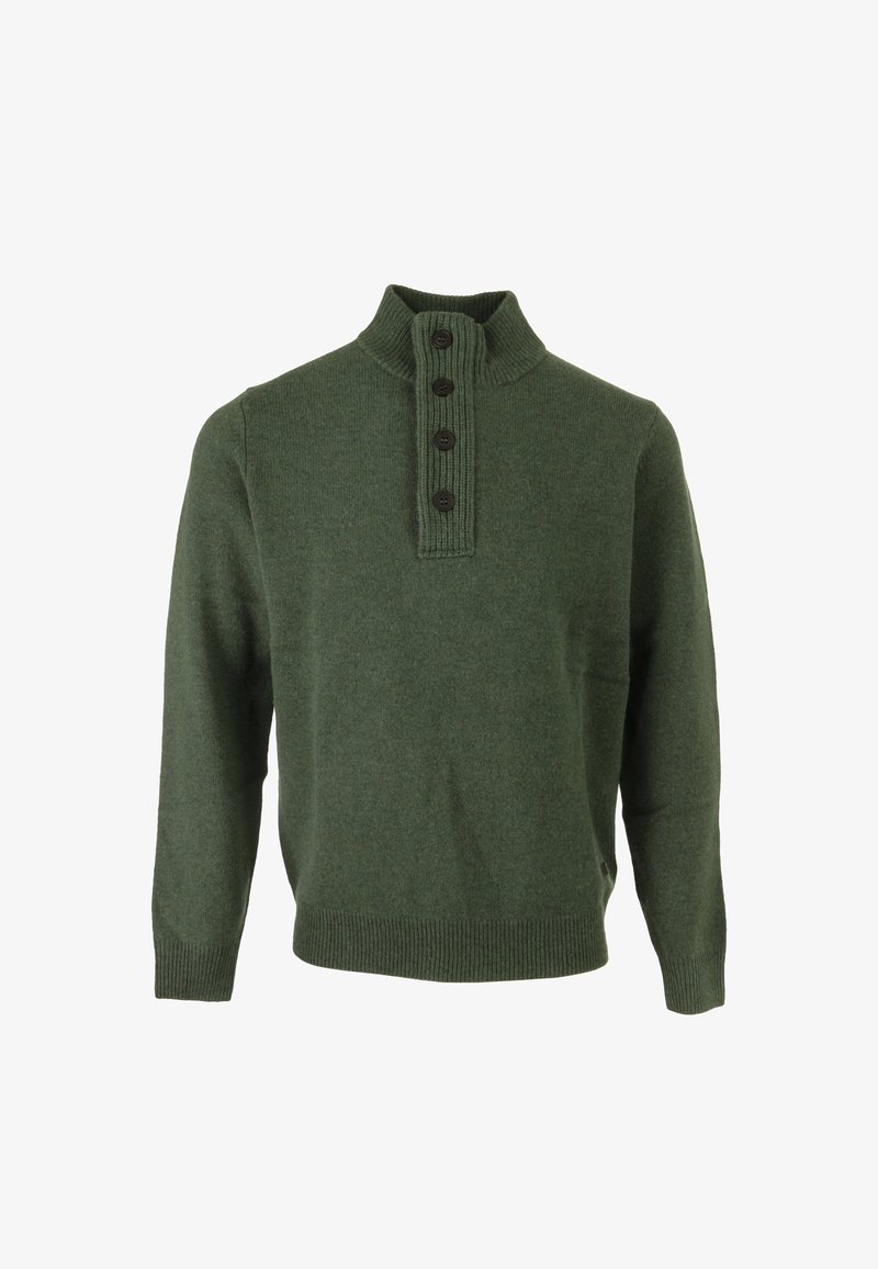 Grüner Pullover mit hohem Kragen, fünf schwarzen Knöpfen und Rippstrickakzenten am Kragen und Saum. Weiches, strukturiertes Strickmaterial.