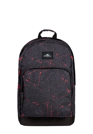 Dark gray O'Neill backpack with red abstract streaks, front zip pocket, and top carry handle on a white background.