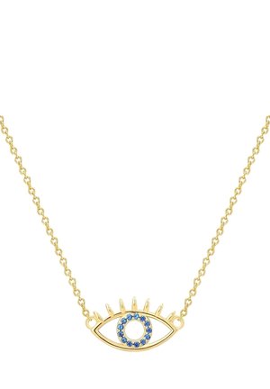 Collana in oro con un pendente a forma di occhio, circondato da un alone di gemme blu e dettagli appuntiti. La catena è in stile ad anelli circolari.