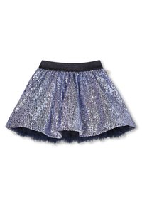 Gonna blu navy con esterno in paillettes, caratterizzata da una superficie texturizzata e foderata in tulle. Vita elastica per una facile vestibilità.