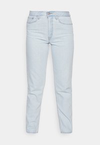 Jeans high-waisted di colore azzurro chiaro realizzati in denim. Presentano gambe dritte, cinque tasche, chiusura frontale con bottone e una leggera scoloritura per un aspetto pulito.