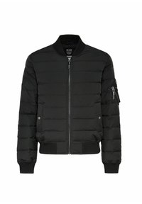 Czarna kurtka puchowa z zamkiem z przodu, ściągaczami przy mankietach i u dołu, bocznymi kieszeniami oraz kieszenią na rękawie zapinaną na zamek. Gładka tekstura i pikowany wzór.