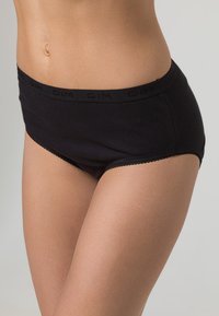 Black ribbed cotton brief with a smooth texture, featuring a contrasting waistband with brand logo and decorative lace trim at the leg openings.